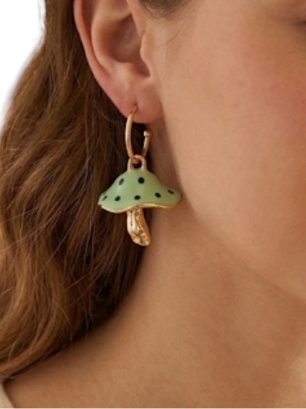 Mint Green Mushroom Hoop Earrings Gold Cottagecore Polka Dot Dangle Drops
C4
